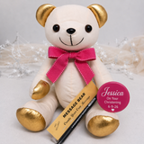 Christening Signature Bear Gold Accents/Pink Bow with Message on Badge