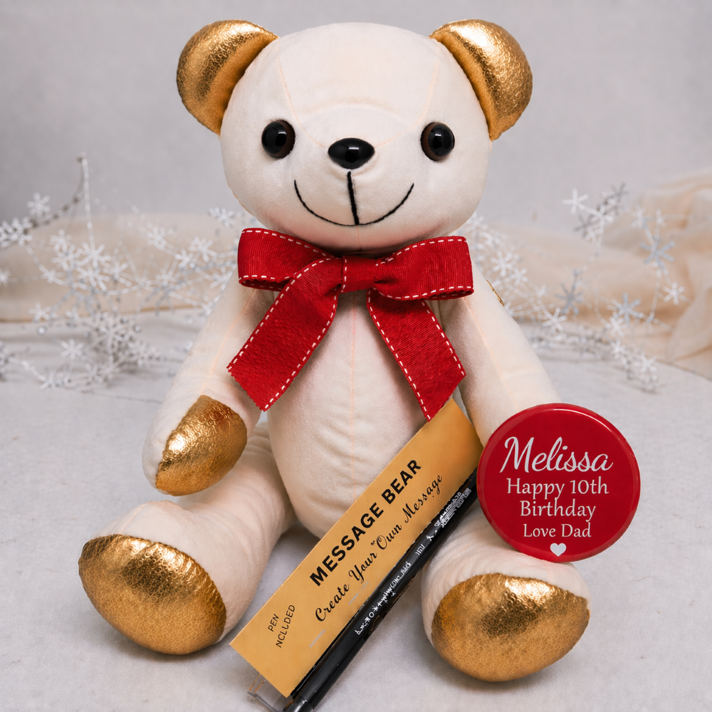 Signature Bear 10th Birthday Personalised Badge Gold Ears/Red Bow
