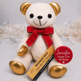 Signature Bear 21st Birthday Gold Ears/Red Bow with Personalised Badge