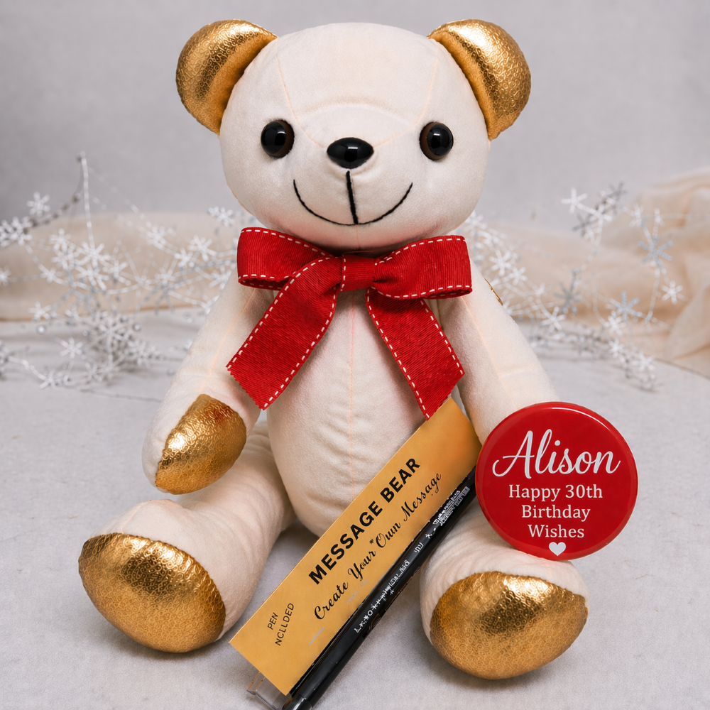 Signature Bear 30th Birthday Personalised Badge Gold Ears/Red Bow