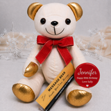 80th Birthday Signature Bear Gold Ears/Red Bow with Personalised Badge