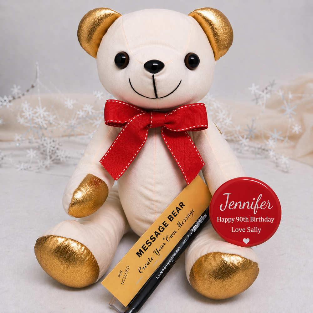 Signature Bear 90th Birthday Gold Ears/Red Bow  Personalised Badge