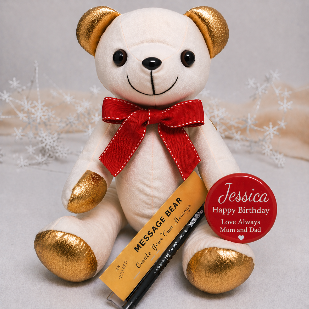 Birthday Signature Bear Gold Ears Red Bow and Badge