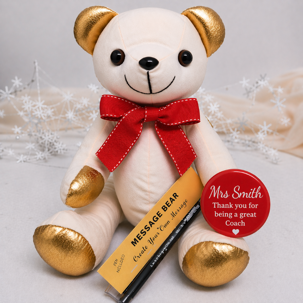Signature Bear Gold Ears/Red Bow Coach Gift with Personalised Badge