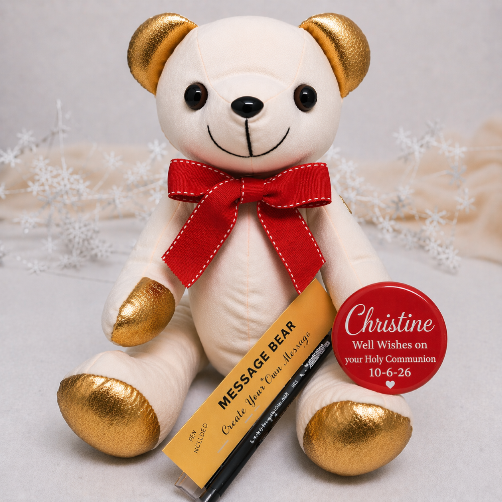 Signature Bear with Gold Ears and Feet Red Bow and Badge – Holy Communion