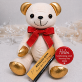 Signature Bear Gold Ears/Red Bow Naming Day Personalised Badge
