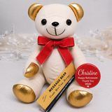 Retirement Signature Bear Gold Ears/Red Bow Personalised Badge
