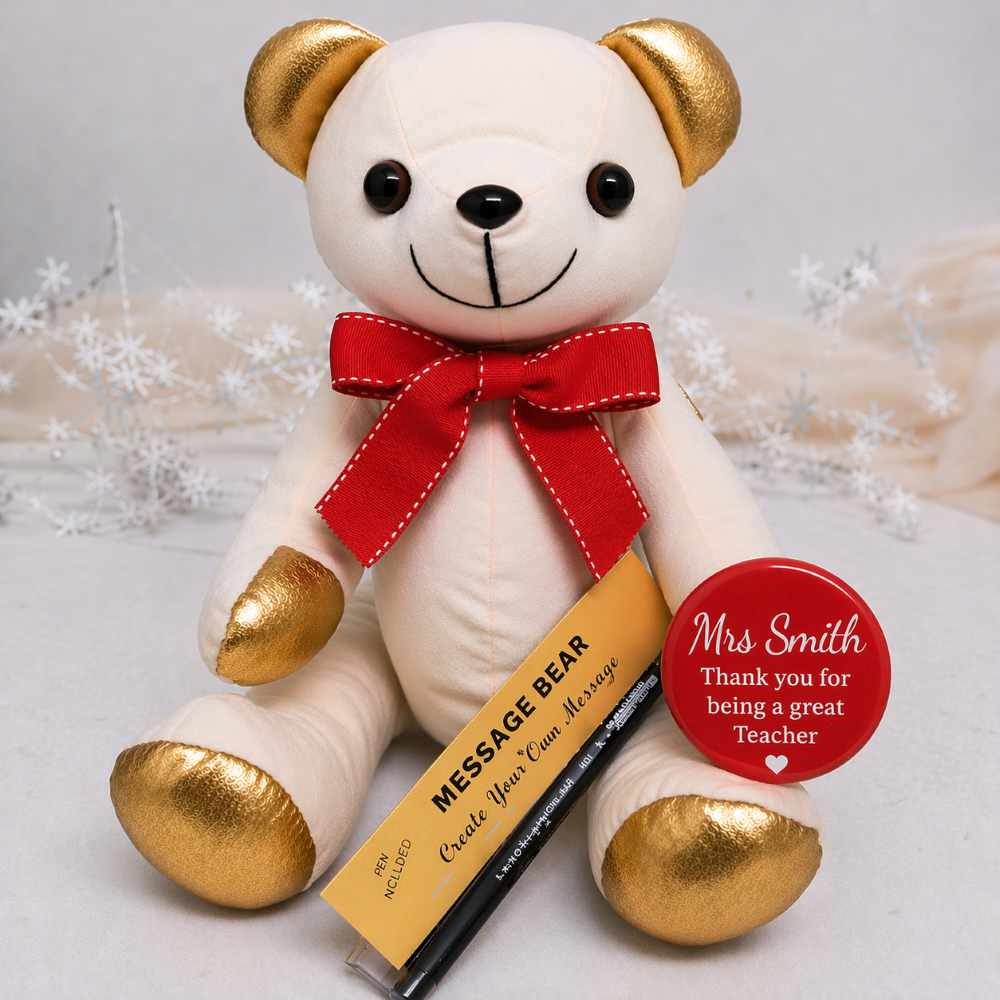 Signature Bear Gold Ears/Red Bow Teacher Gift with Personalised Badge