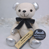 Signature Bear Silver Ears and Feet Baptism Personalised Badge Black Bow