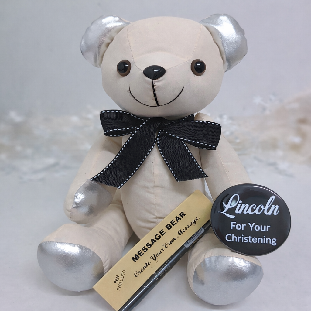 Signature Bear Christening Personalised Badge Silver Ears Black Bow