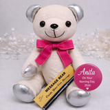 Signature Bear Silver Accents/Pink Bow Naming Day Personalised Badge