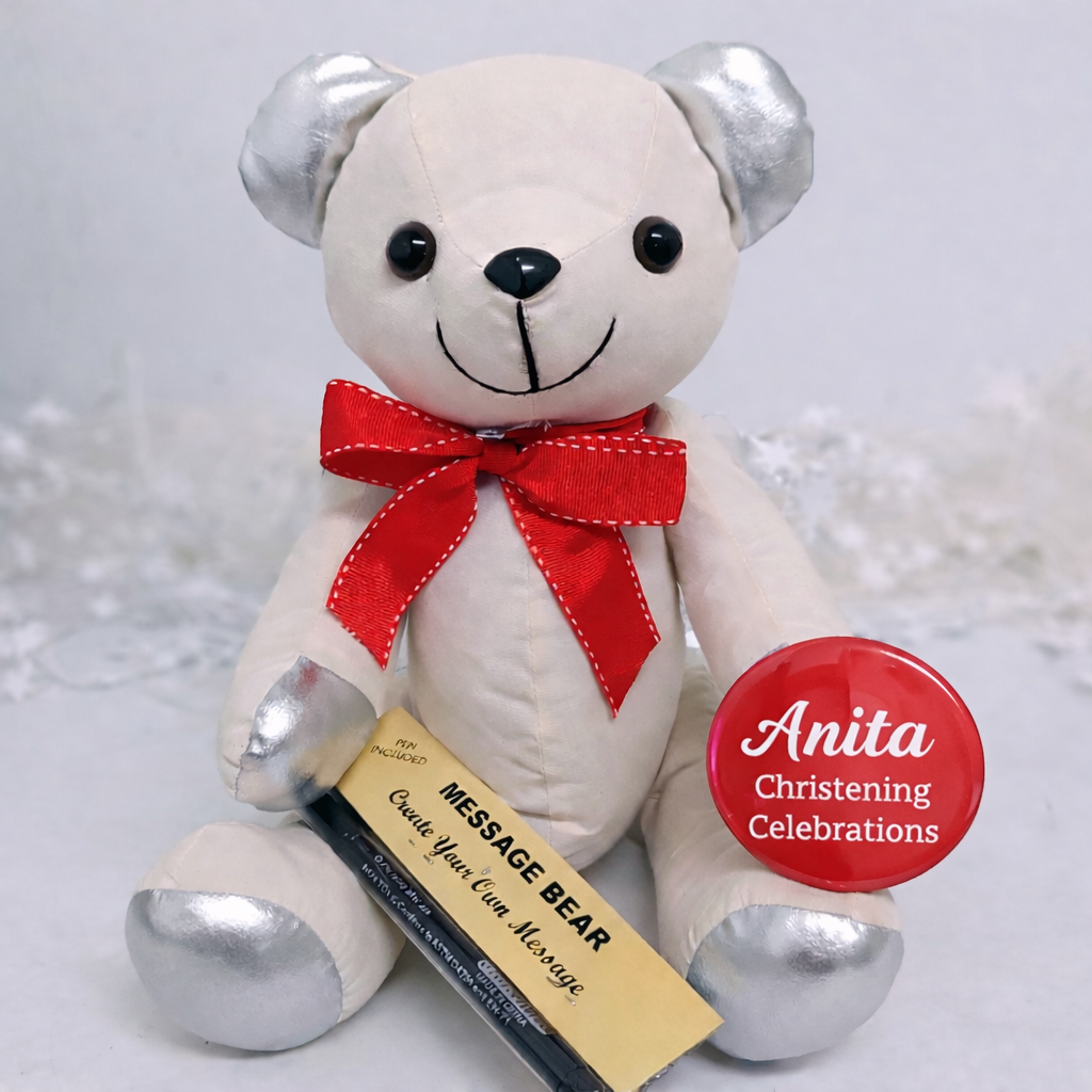 Christening Signature Bear Silver Ears with Red Bow and  Personalised Badge