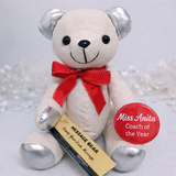 Signature Bear Coach Personalised Message on Badge Silver Ears with Red Bow