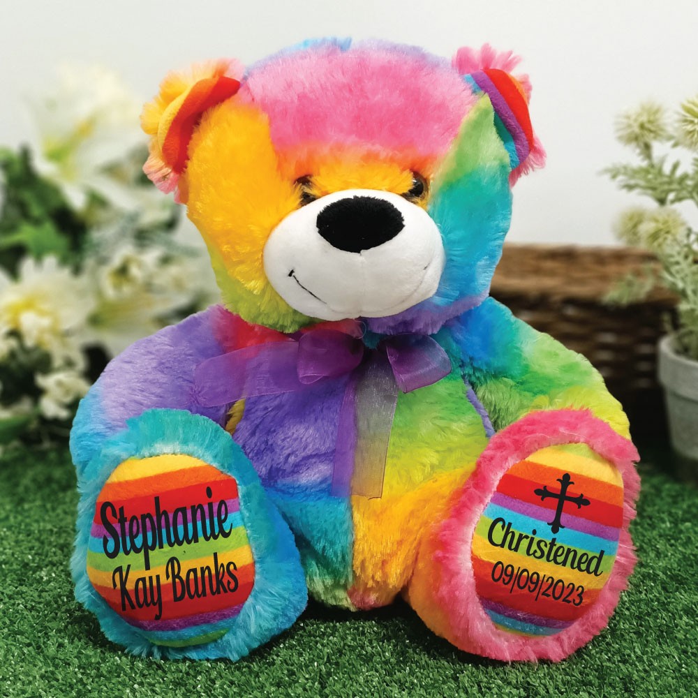 Rainbow Bear 30cm Christening Personalised Message on Feet