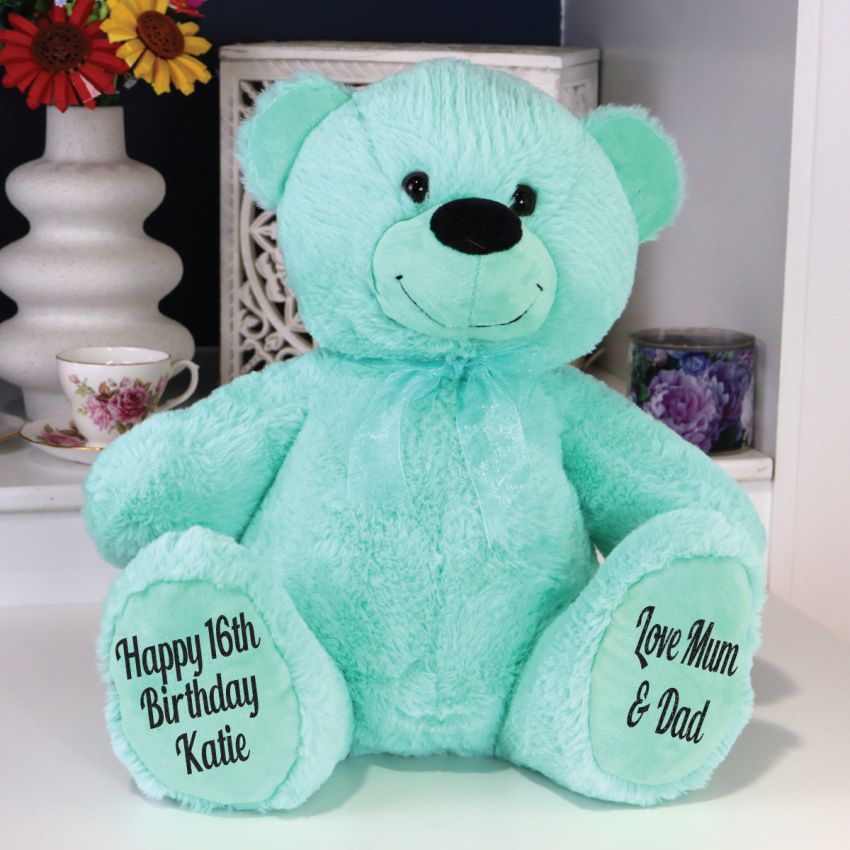 16th Birthday Personalised 40cm Mint Bear with Message on Feet