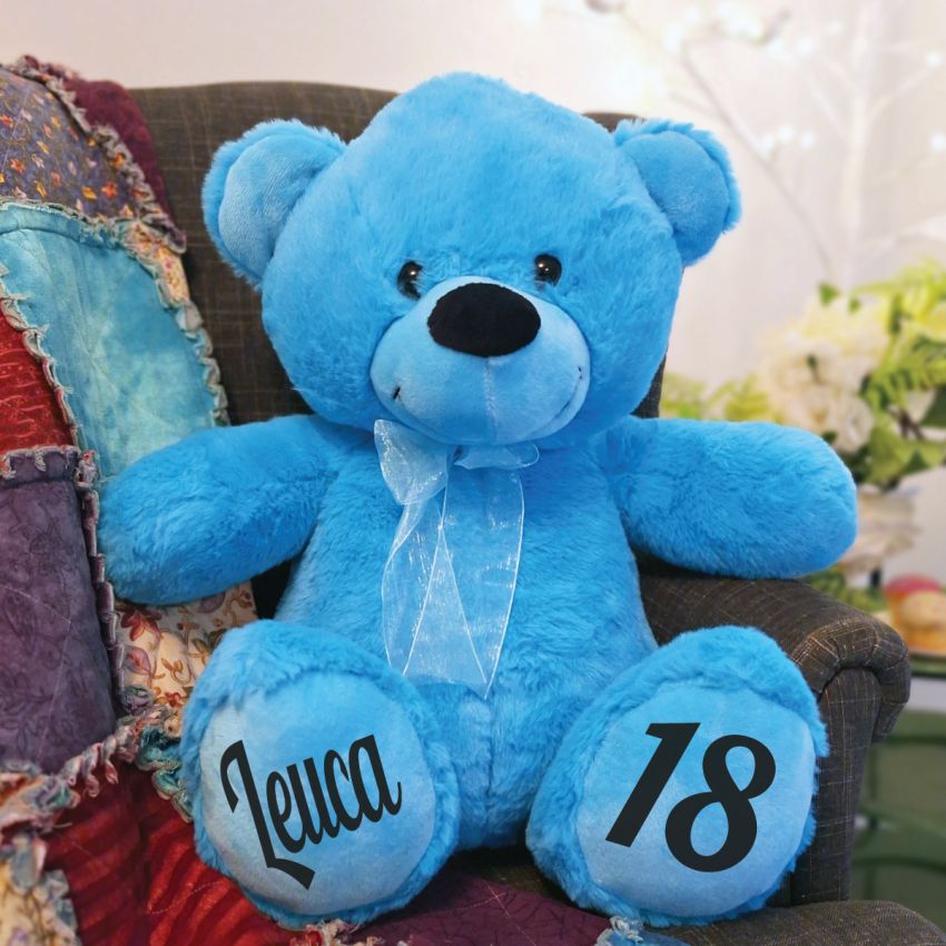 Bright Blue Bear 40cm – 18th Birthday Personalised Message on Feet