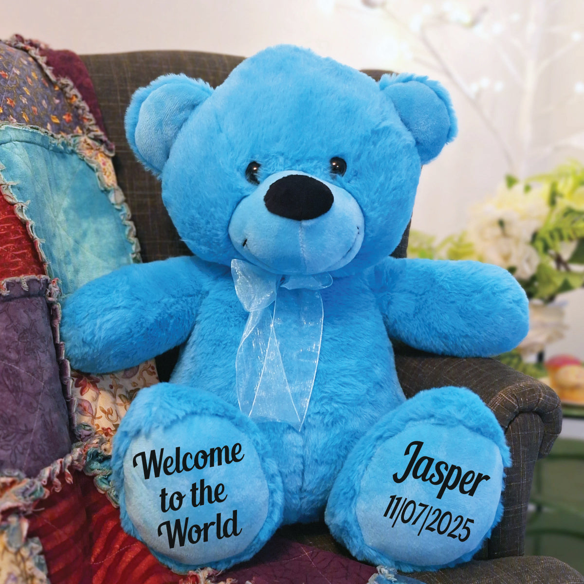 Bright Blue Bear 30cm  Baby New Born with Message on Feet