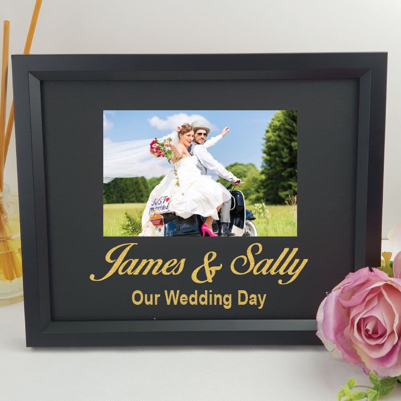 Personalised wedding 6x4 landscape black photo frame with glitter vinyl message – image 2