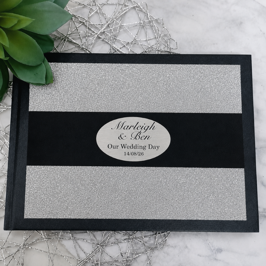 Wedding Personalised Black & Silver Glitter Guest Book with Custom Plaque