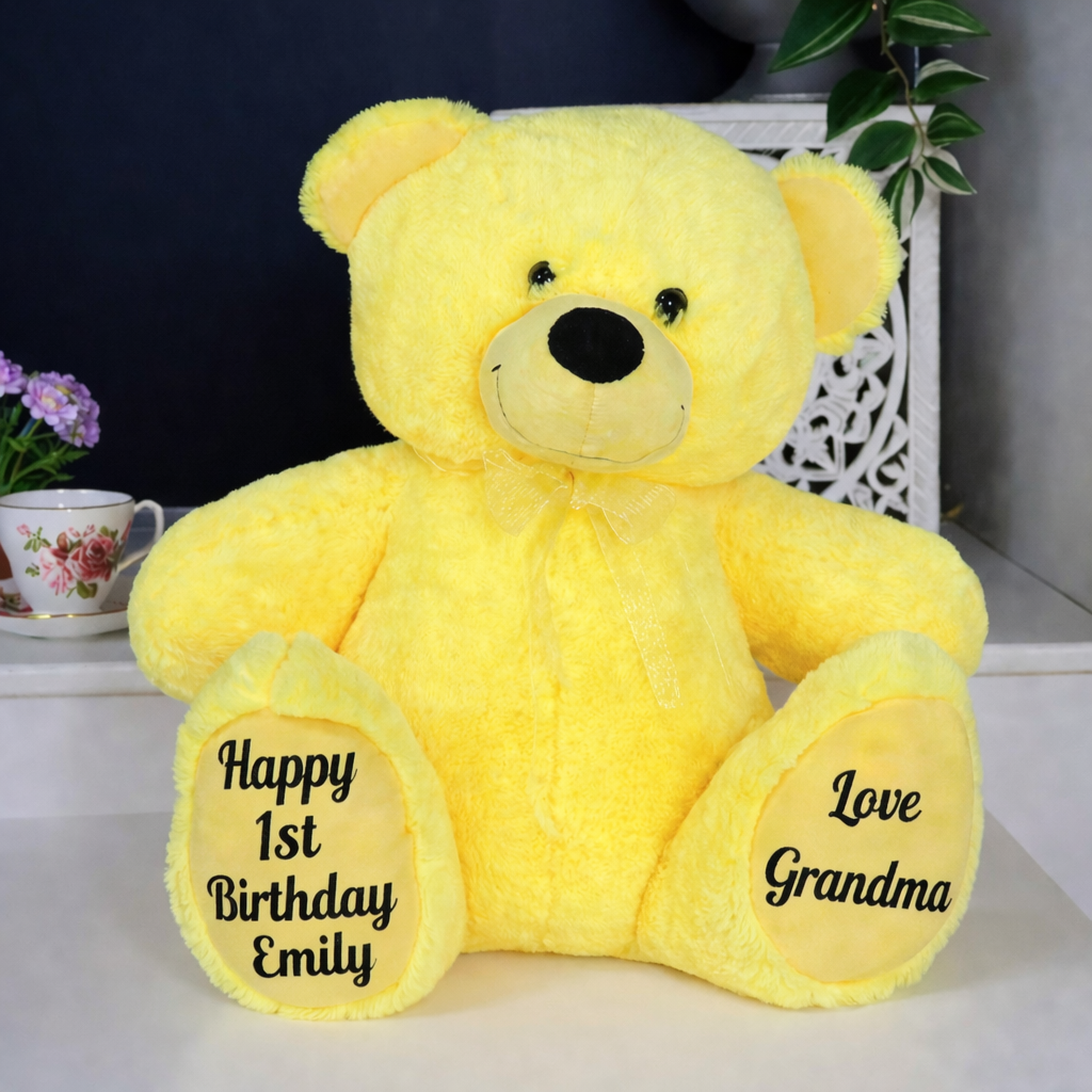Personalised 30cm Yellow Bear for 1st Birthday – Message on Feet