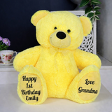 Personalised 30cm Yellow Bear for 1st Birthday – Message on Feet