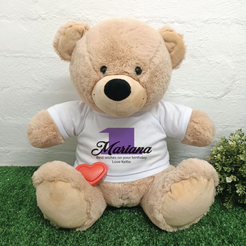 40cm Beige Zipper Bear with Shirt & Recorder Heart – 1st Birthday