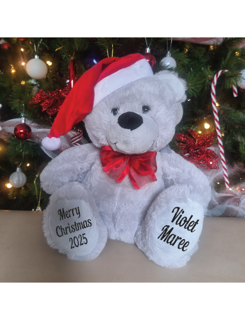 Christmas Teddy Bear Grey 30cm Red Hat