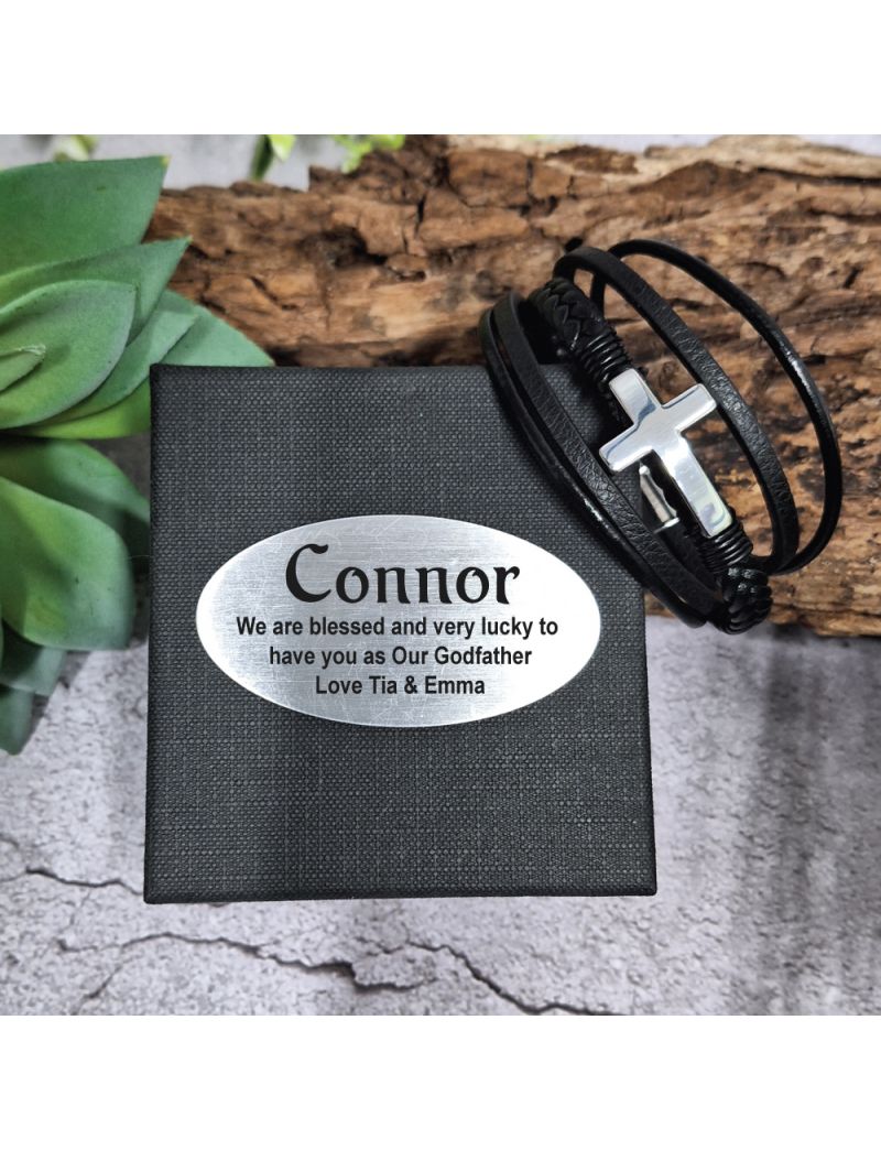 Silver Cross Stacked Bracelet In Godfather Box