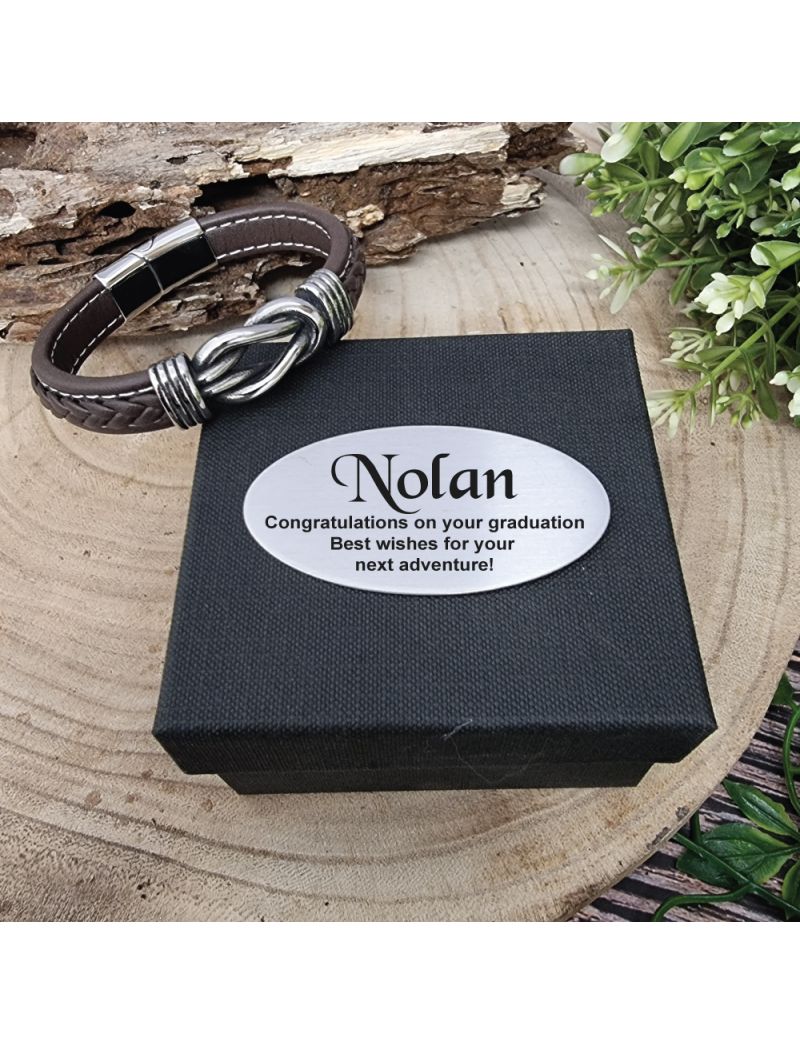 Brown Leather Hand-woven Bracelet  In Graduation Box