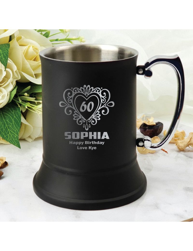 60th Birthday Stainless Steel Black Stein Mug (F)