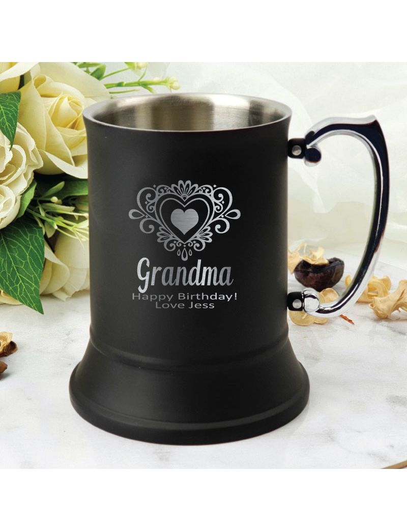 Grandma Engraved Stainless Steel Black Beer Stein