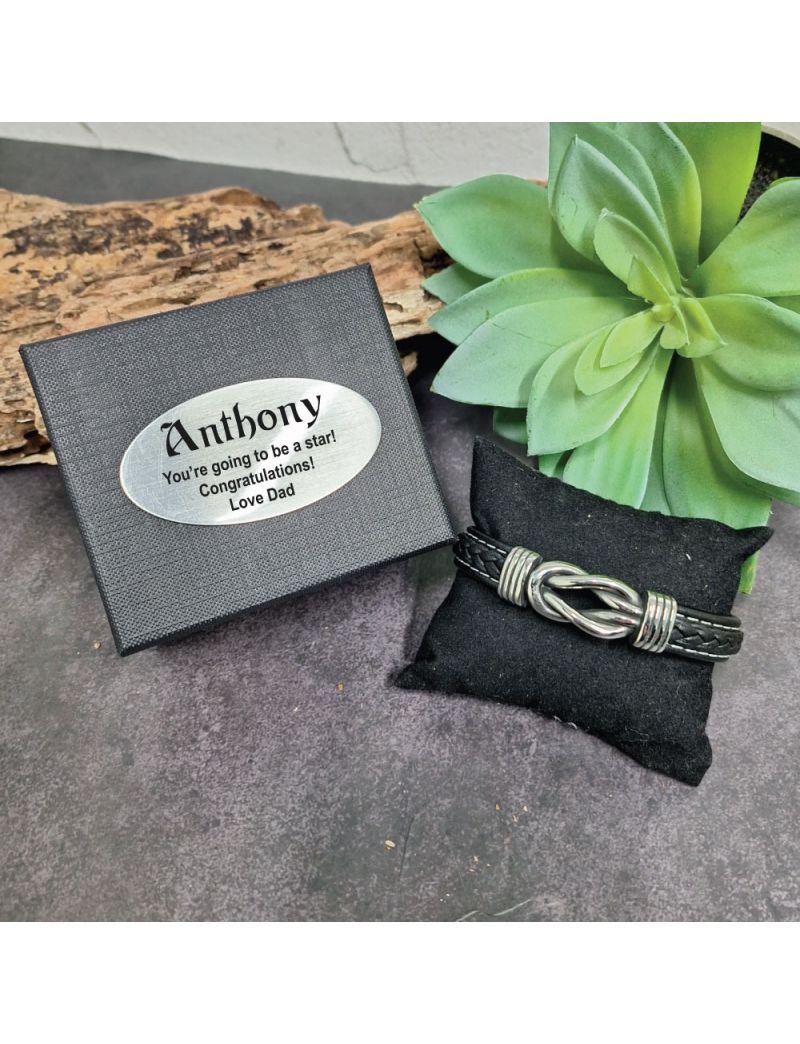 Black Leather Hand-woven Bracelet In Graduation Box