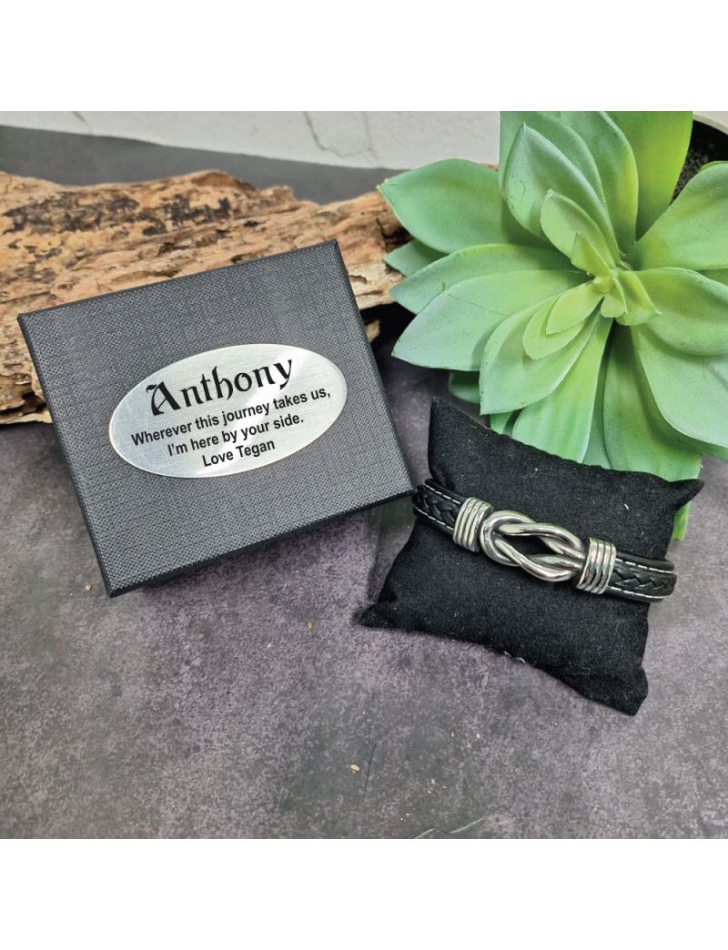 Black Leather Hand-woven Bracelet  In Gift Box