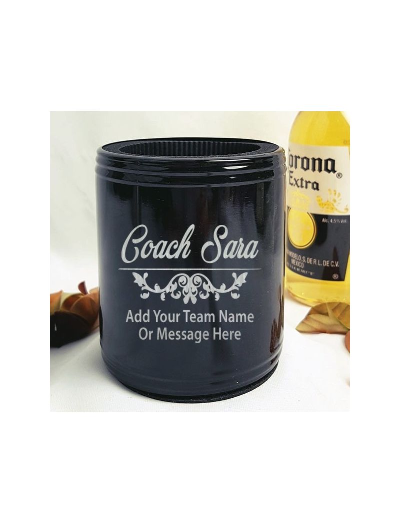 Coach Engraved Black Stubby Can Cooler Personalised Message