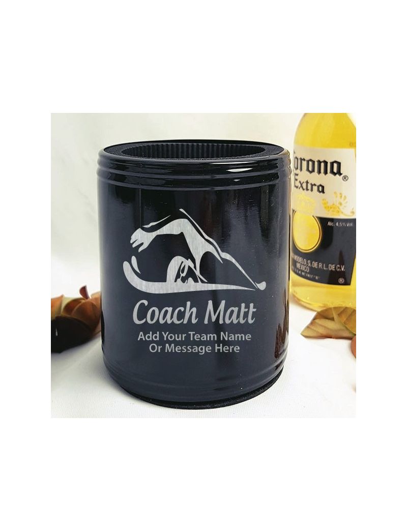 Swim Coach Engraved Black Stubby Can  Cooler Personalised