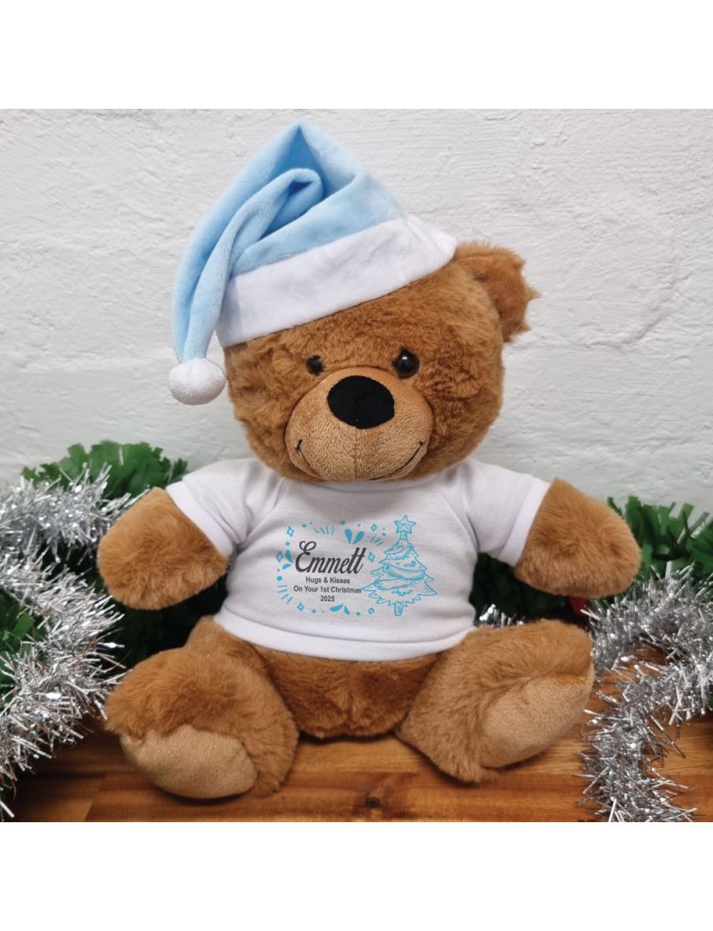 Personalised Christmas Bear 30cm Brown Blue Hat