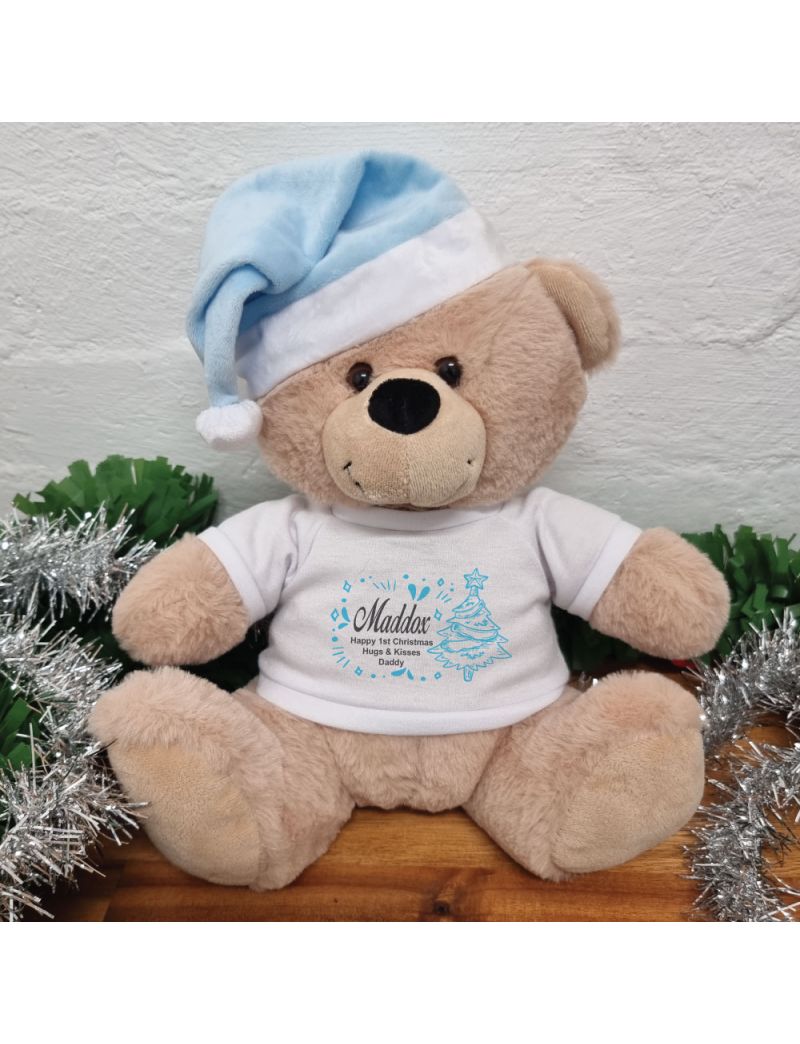 Personalised Christmas Bear 30cm Cream Blue Hat