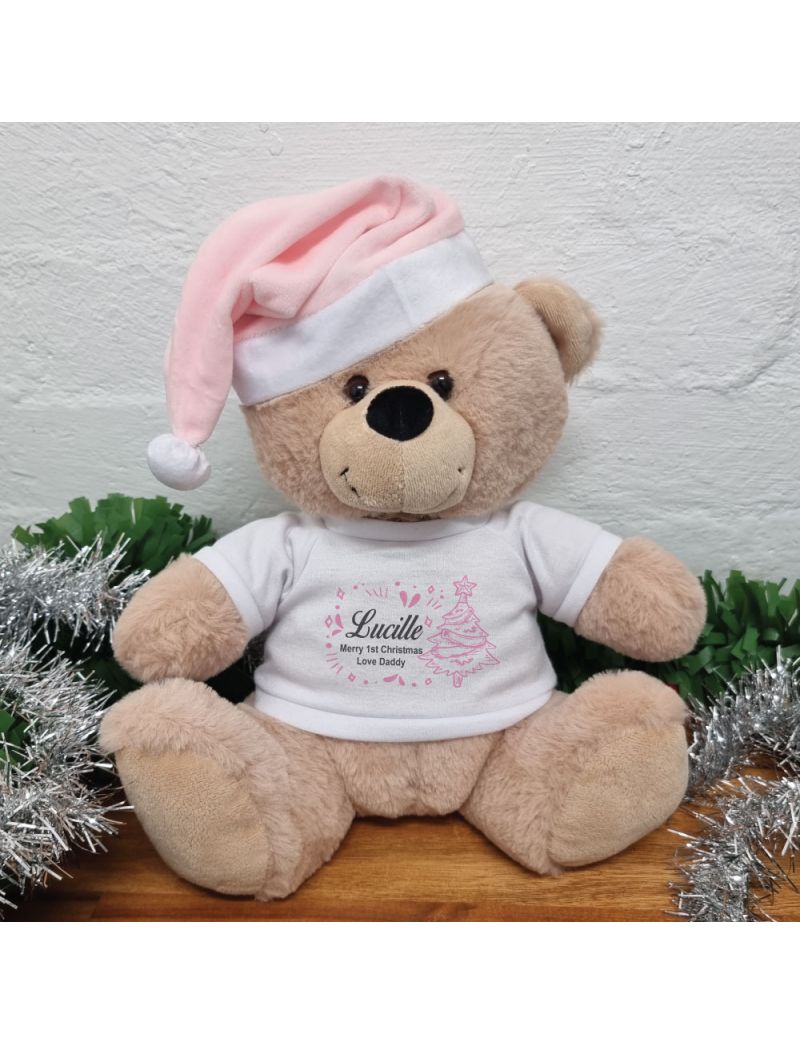 Personalised Christmas Bear 30cm Cream Pink Hat