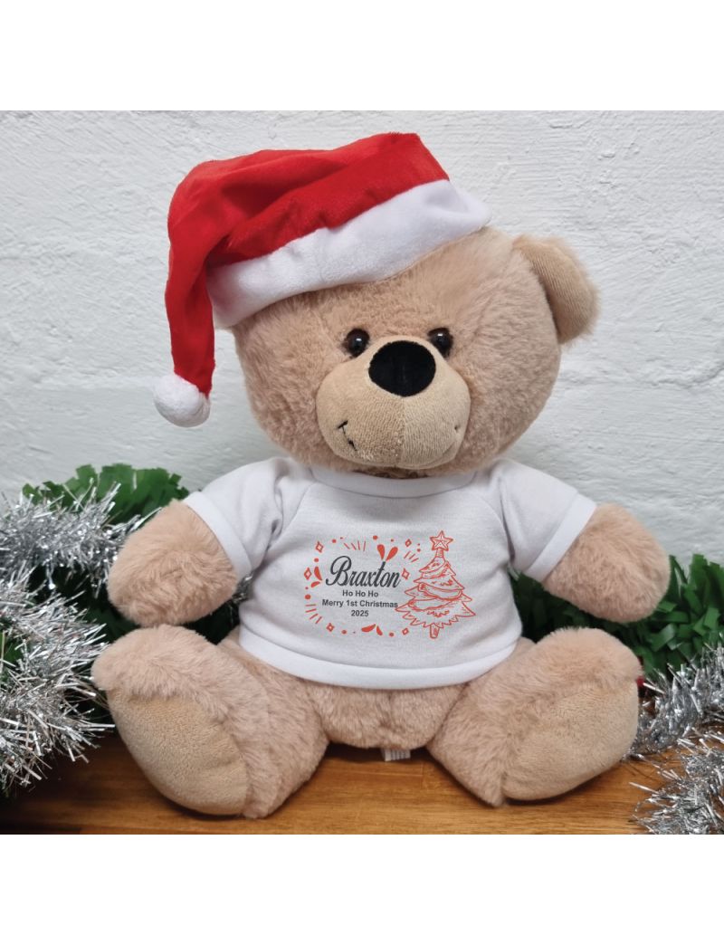 Personalised Christmas Bear 30cm Cream Red Hat
