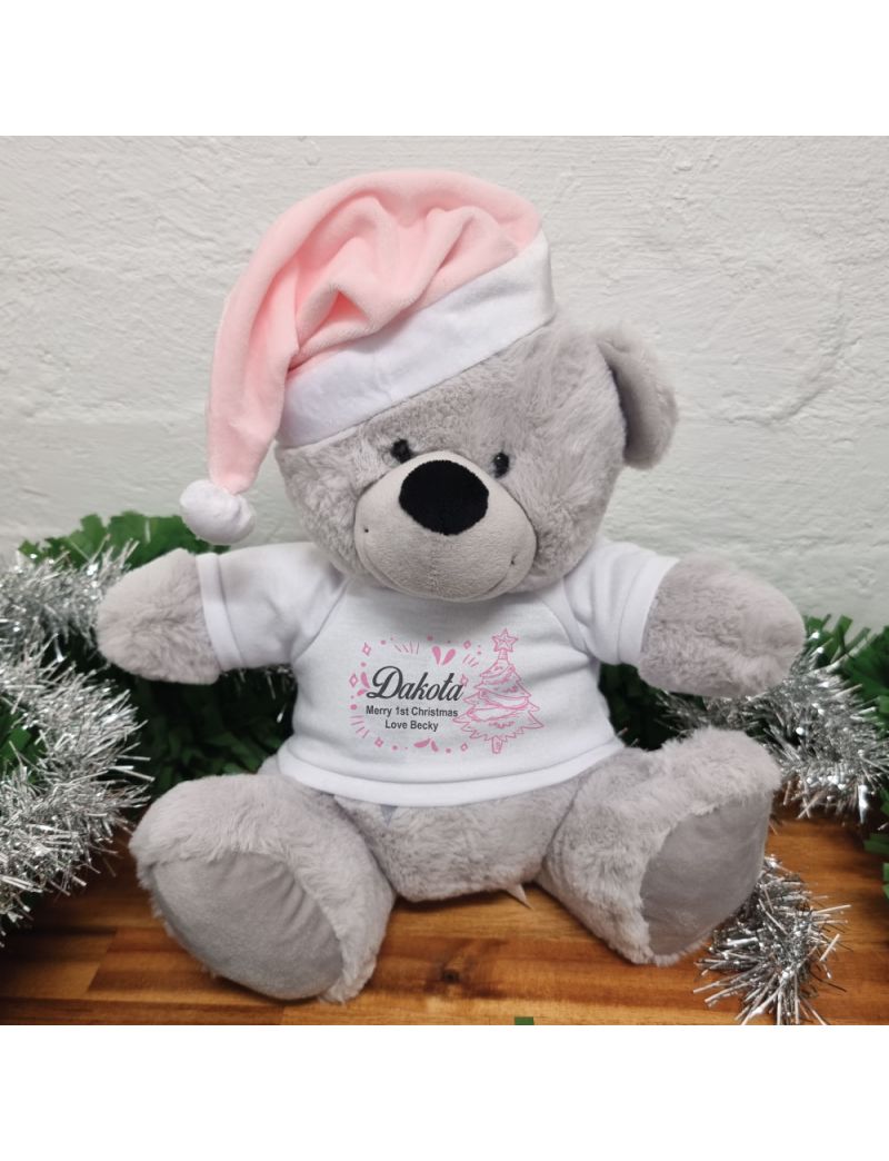 Personalised Christmas Bear 30cm Grey Pink Hat