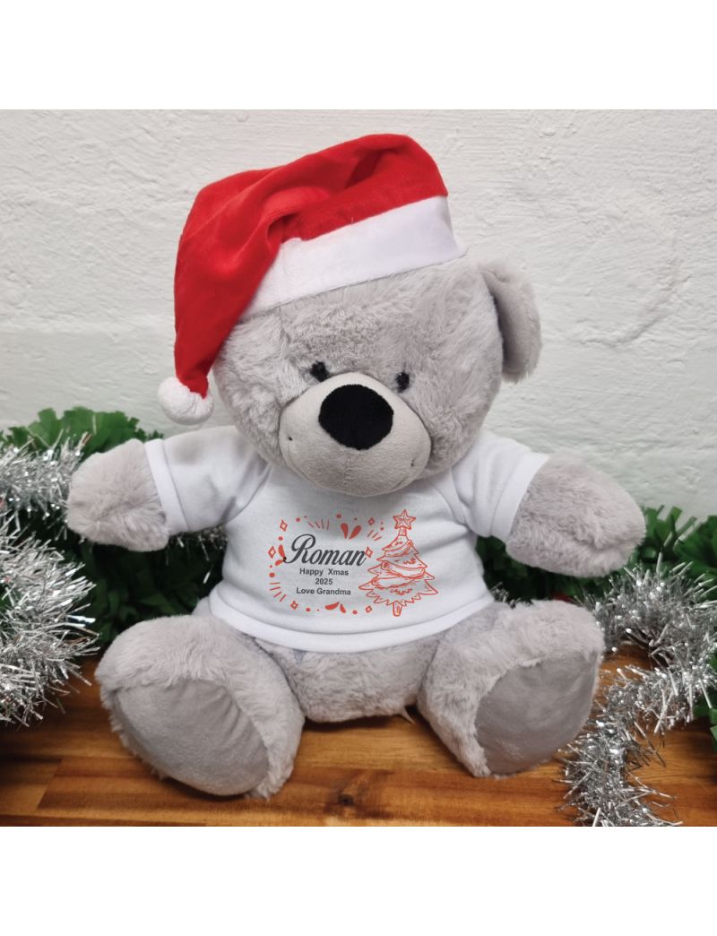 Personalised Christmas Bear 30cm Grey Red Hat