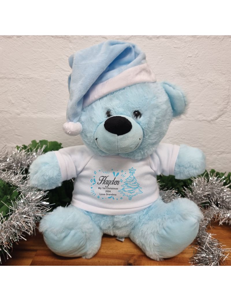 Personalised Christmas Bear 30cm Blue Hat