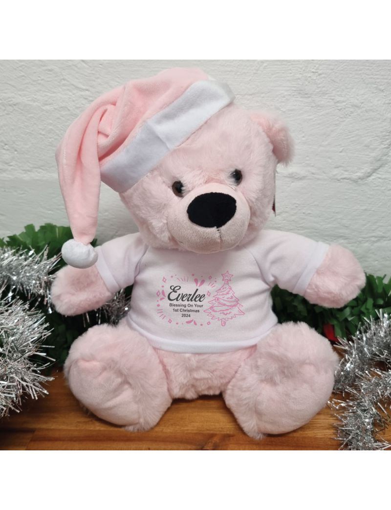 Personalised Christmas Bear 30cm Pinke Hat