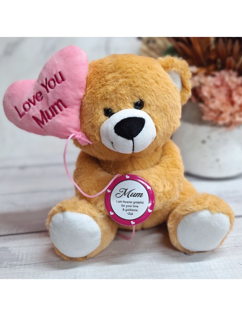 Mum Bear With Personalised Badge & Balloon