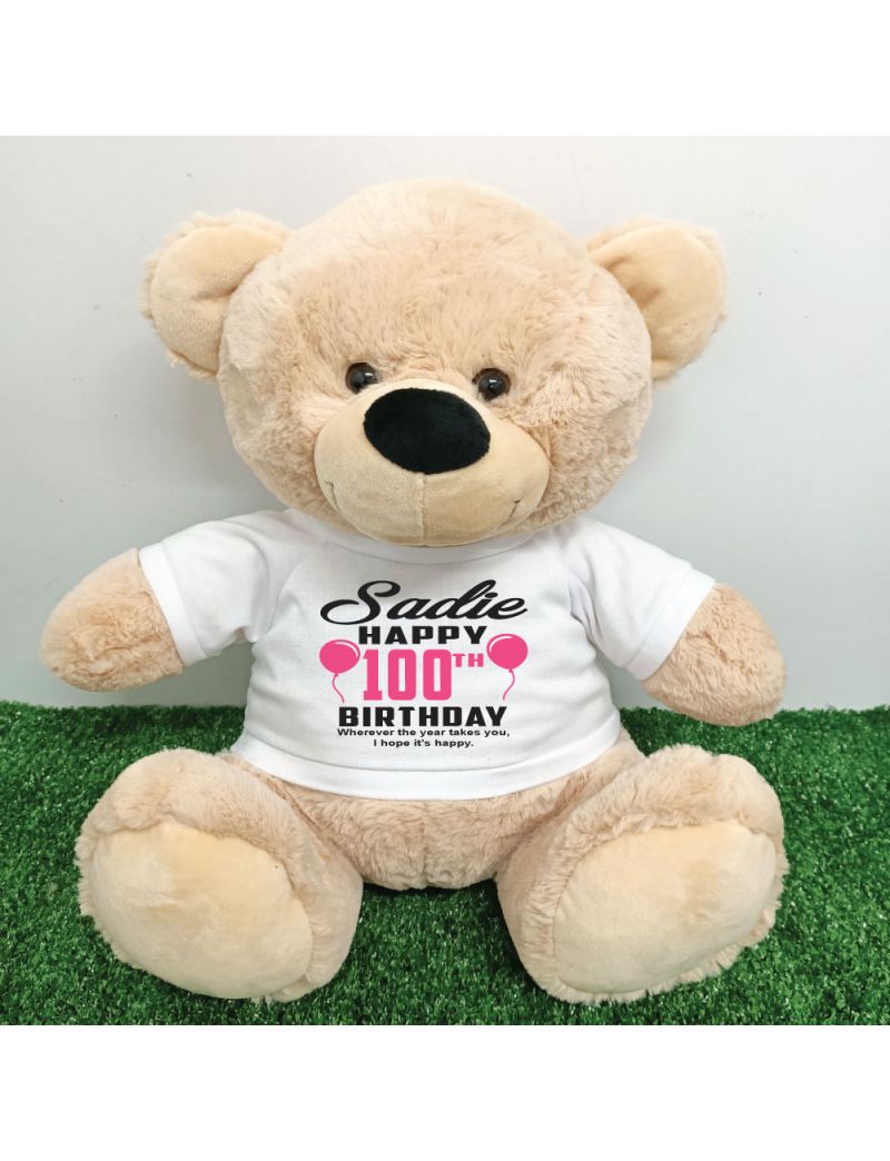 100th Birthday T-Shirt Teddy Bear Cream 40cm
