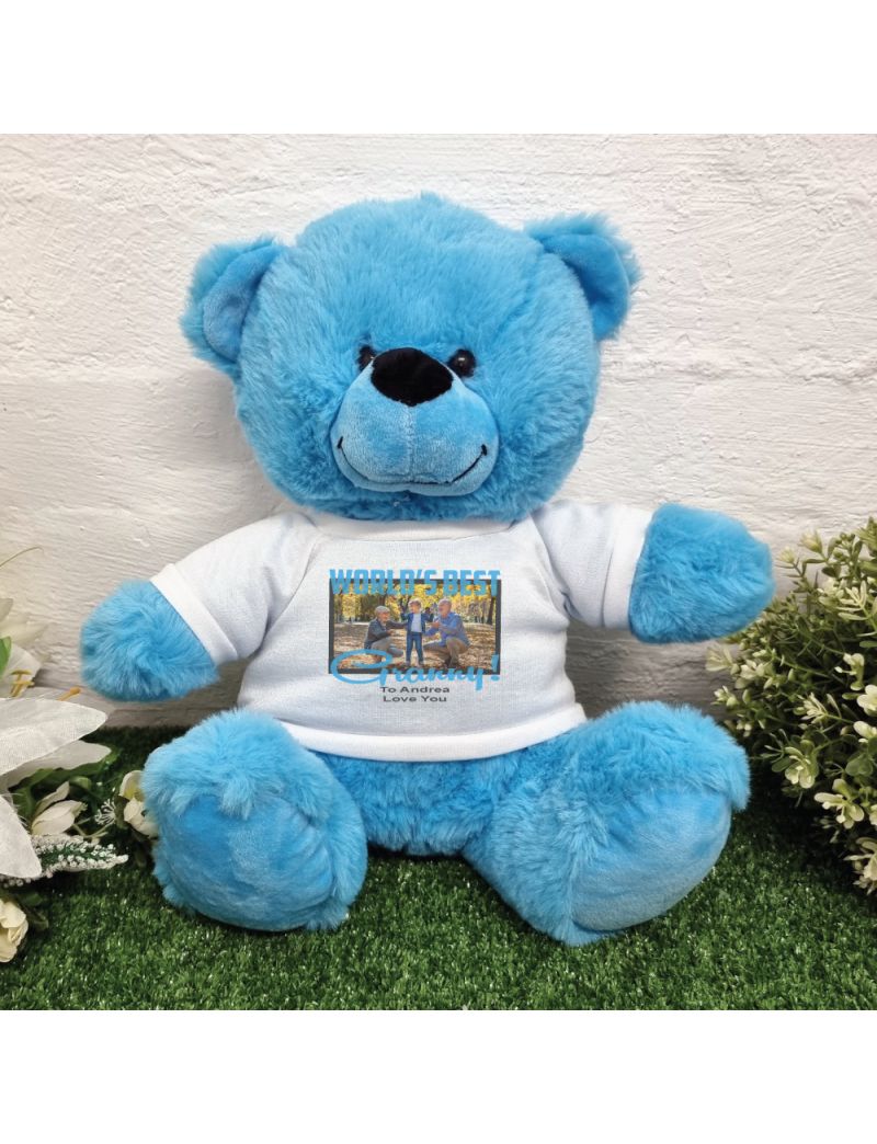 Worlds Best Grandma Photo Bear Bright Blue 30cm