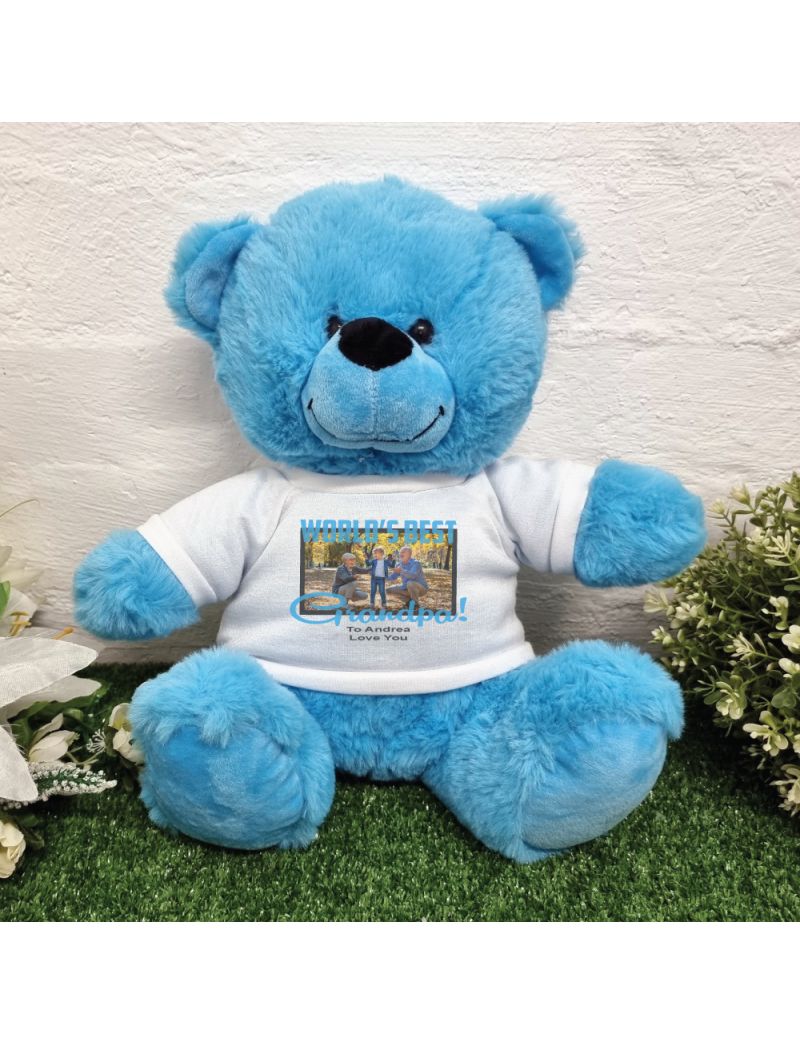 Worlds Best Grandpa Photo Bear Bright Blue 30cm