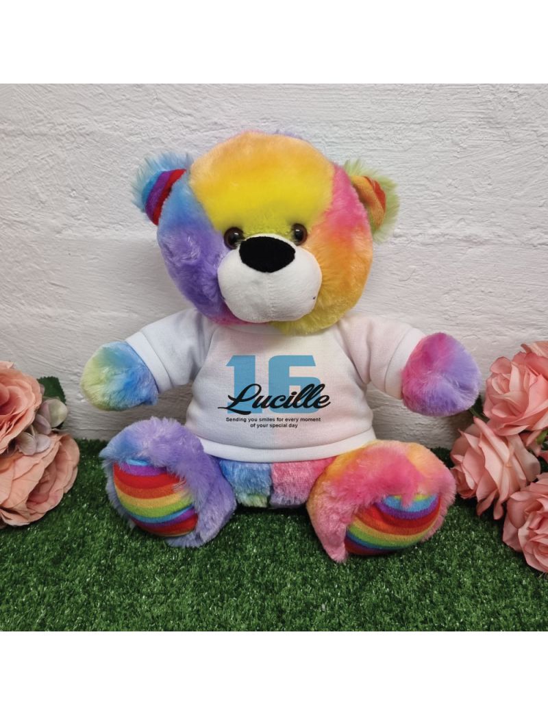 Personalised 16th Birthday Bear Rainbow Plush 30cm