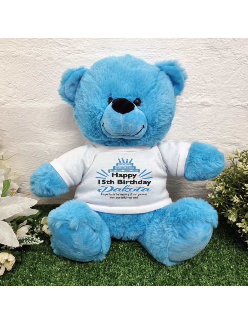 Birthday Personalised Bear Bright Blue Plush 30cm
