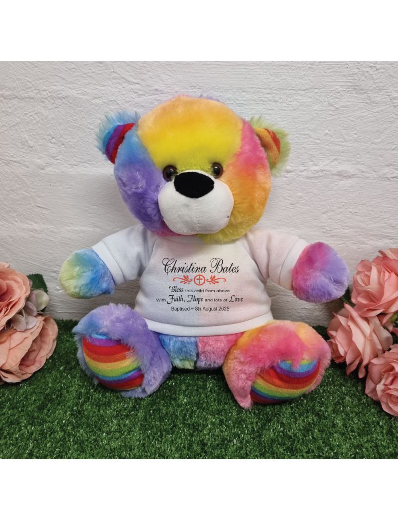 Baptism Personalised Bear Rainbow Plush 30cm